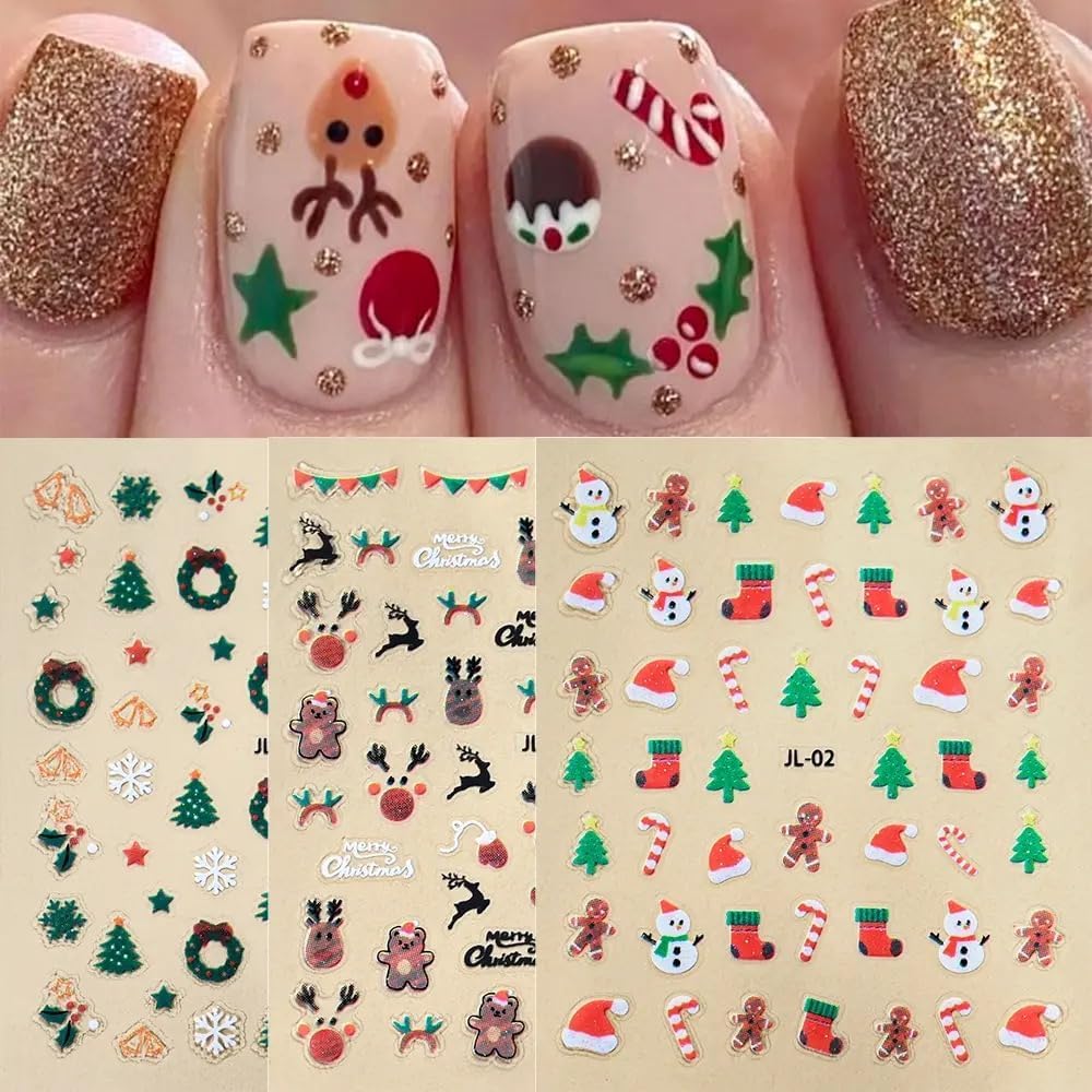 30 Sheets Christmas Nail Art Stickers 3D Self- Adhesive Snowflake Nail Charms Decals White Red Christmas Nail Decorations Accessories Supplies-Velvo Beauty