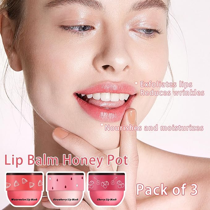 3 PCS Bee Lip Balm Honey Pot, Watermelon & Cherry & Strawberry Lip Mask Overnight Propolis Moisturizing Lip Balm Hydrating Prevention Dry and Crack Lip Scrubs Exfoliator Lip Wrinkle Care (Set C)-Velvo Beauty