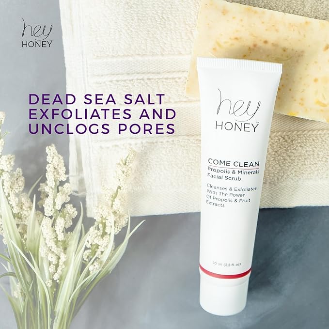 Hey Honey, Come Clean Propolis & Mineral Facial Scrub. Rich, Exfoliating, Dead Sea Salt Scrub designed to be gentle enough for even the most sensitive skin. 110ml-Velvo Beauty