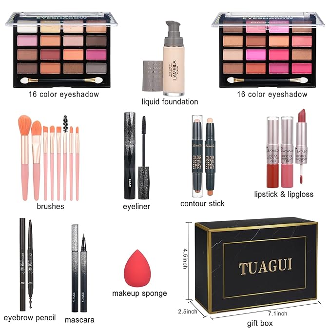 All in One Makeup Kit for Women Full Kit, Includes Eyeshadow,Foundation,Eyeliner,Mascara,Eyebrow pencil,Contour Stick, Makeup Brush, Makeup Sponge, Make Up Gift Set for Women, Teens-Velvo Beauty