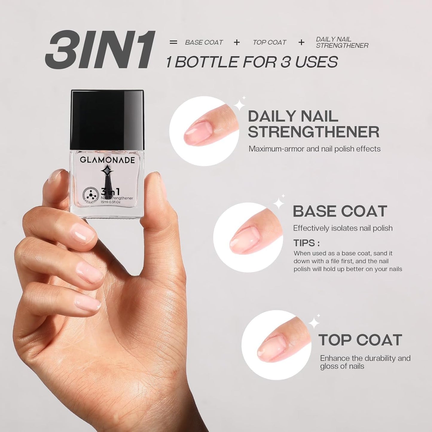 Base Top Coat Nail Polish: 3 in 1 Clear Quick Dry Nail Polish Nail Strengthener and Growth Hardener for Nail Treatment Repair Damaged Nail Care 0.5 fl oz-Velvo Beauty