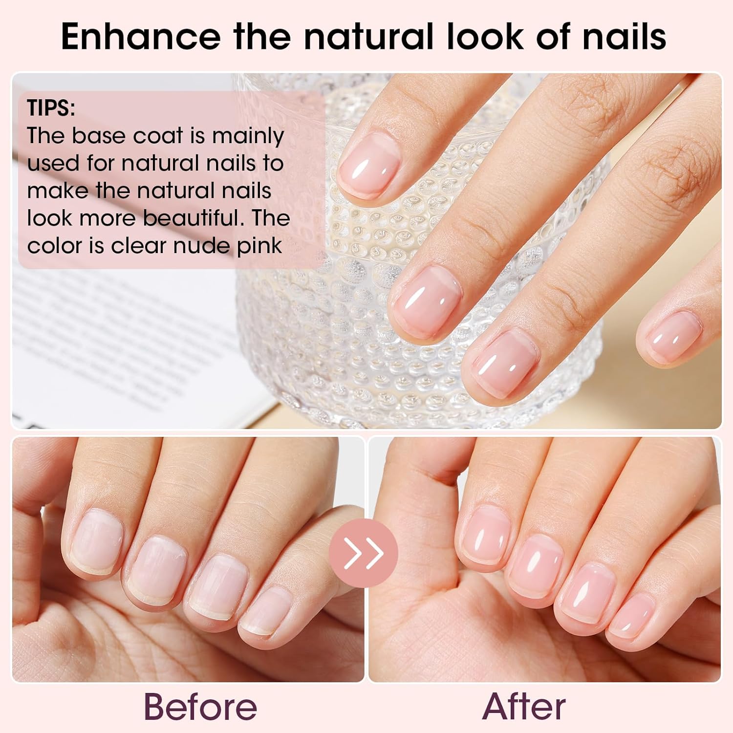 GELLEN 4‑in‑1 Clear Nail Polish Base Coat Sheer Tinted Natural Pink, Ridge Filler, Nail Strengthener & Concealer, Calcium Formula Strengthens Nails, Enhances Natural Look, No HEMA, Anti-yellowing-Velvo Beauty