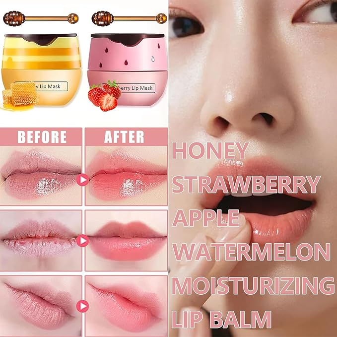 2 PCS Bee Lip Balm Honey Pot, Strawberry & Watermelon Lip Sleeping Masks Overnight, Hydrating Prevention Dry and Cracked Lip Scrubs Exfoliator Lip Care, Reduces Lip Lines-Velvo Beauty
