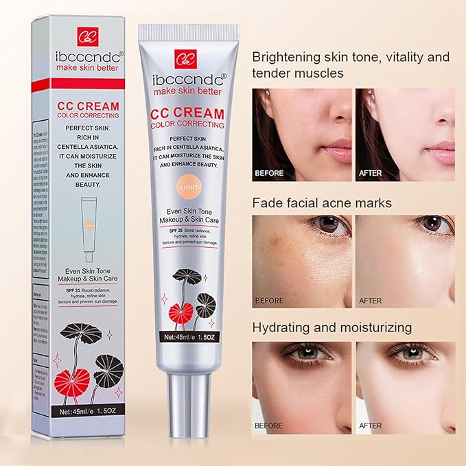 Color Correcting CC Cream With Centella Asiatica,Multi-Purpose Skin Tone Adjusting CC Cream Concealer Full Coverage,SPF 25 Sunscreen Moisturizing Pre-Makeup Primer Brightening for Mature Skin-Velvo Beauty