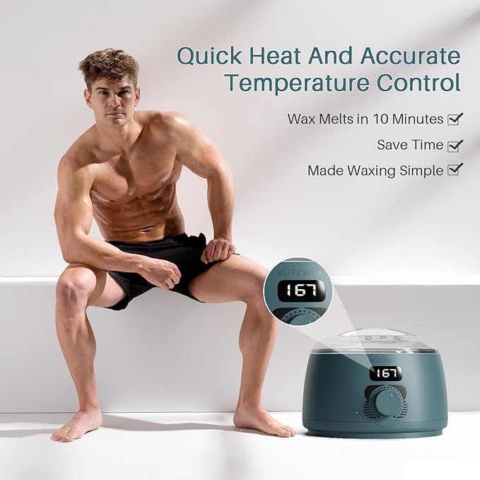 BLITZWAX Back and Nose Waxing Kit for Men, Hard Wax Warmer for Brazilian, Body and Face, At Home Hair Removal Kit, Beginner Friendly, Quick Heating, 93 Accessories, Blue Spruce-Velvo Beauty