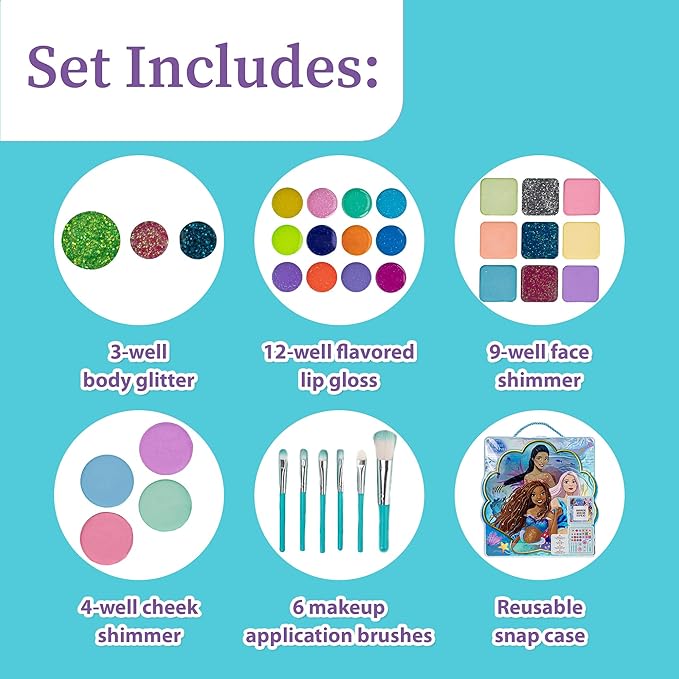 Disney’s The Little Mermaid Eye Lip and Face Beauty Soft Case Makeup Pallete for Girls Ages 3+ Perfect for Parties, Sleepovers & Makeovers-Velvo Beauty