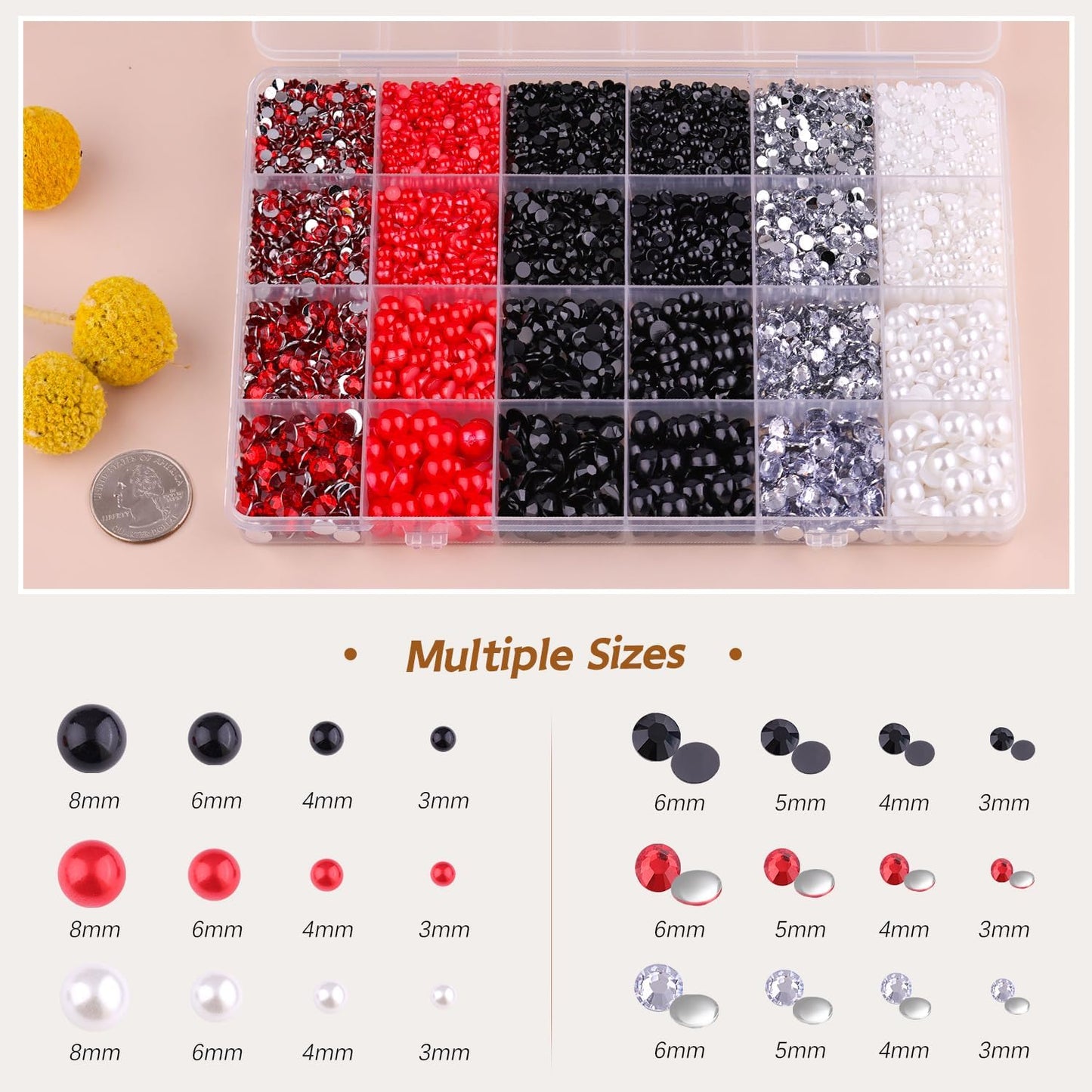 9000PCS Flatback Pearls and Rhinestones for Crafting, Red White Black 3-10mm Resin Rhinestones and Half Pearls for Bedazzling, Nail Art and Dec with 3pcs B7000 Jewelry Glue, Tweezer and Pickup Pencil-Velvo Beauty