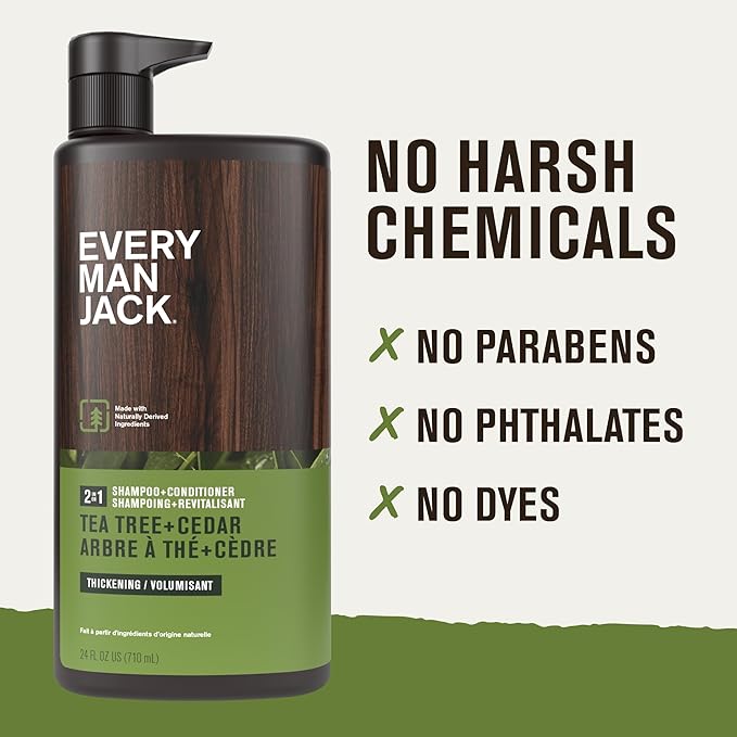 Every Man Jack 2-in-1 Tea Tree + Cedar Shampoo + Conditioner - Thicken, Cleanse, and Hydrate Hair with Coconut, Aloe, Tea Tree Oil - Naturally Derived and No Harmful Chemicals - 24oz -1 Bottle-Velvo Beauty