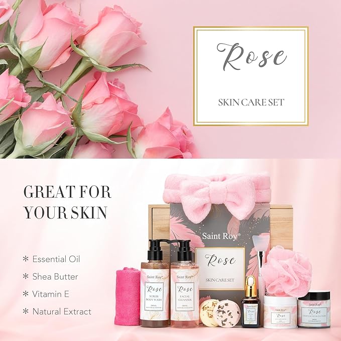 Spa Gifts for Women，10pcs Self Care Kit ROSE Scented with Facial Cleanser, Scrub Body Wash, Facial Clay Mask, Facial, Essential Oil, Birthday Gifts Skin Care Set, Mothers Day Gifts Ideas-Velvo Beauty