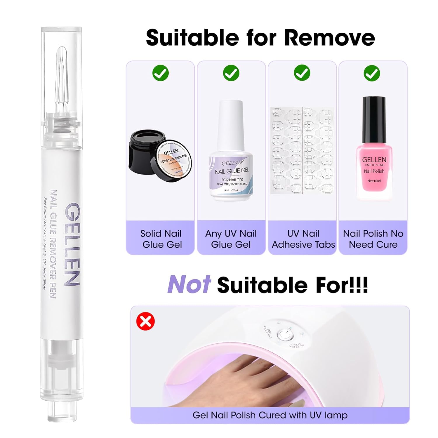 Gellen Nail Glue Remover 5 Pcs, Glue Remover Pen for Press on Nails, Non Acetone Press on Removal, 10s Quick Remove for Nail Tips Fake Nails Solid Glue Gel-Velvo Beauty