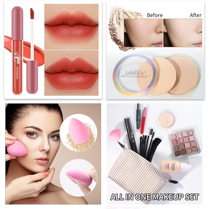 Makeup Set Full Kit for Girls Teens Women, Makeup Present Set, Includes Eyeshadow, Foundation, Blusher, Eyebrow Pencil, Mascara, Eyeliner, Brushes, Lip Gloss, Sponge, Cosmetic Bag-Velvo Beauty