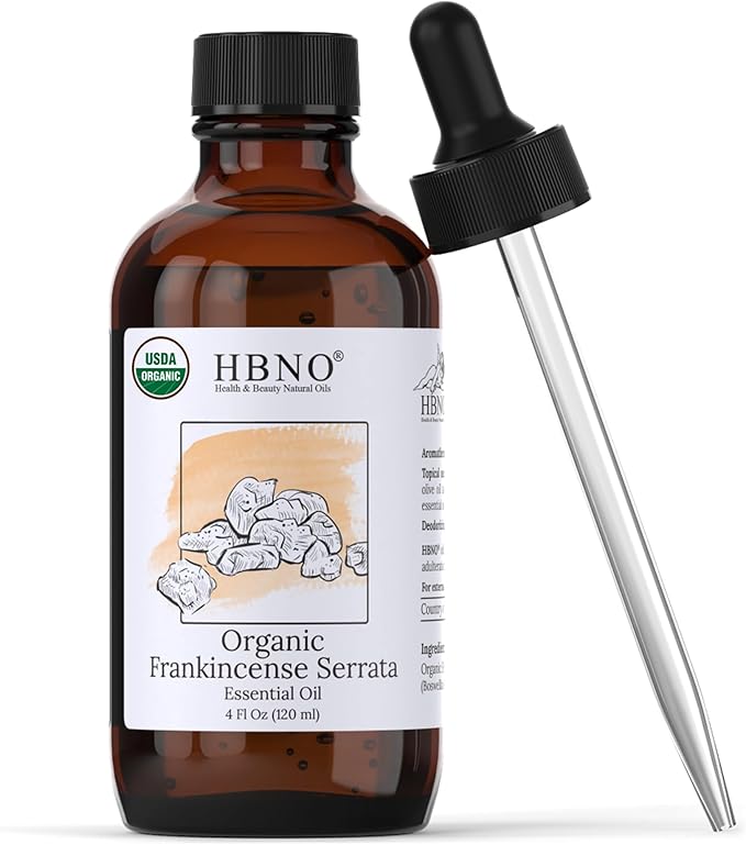 HBNO California Bottled Organic Frankincense Essential Oil 4 fl oz (120ml) - USDA Certified Oil - Organic Frankincense Essential Oil for Skin and Aromtherapy-Velvo Beauty