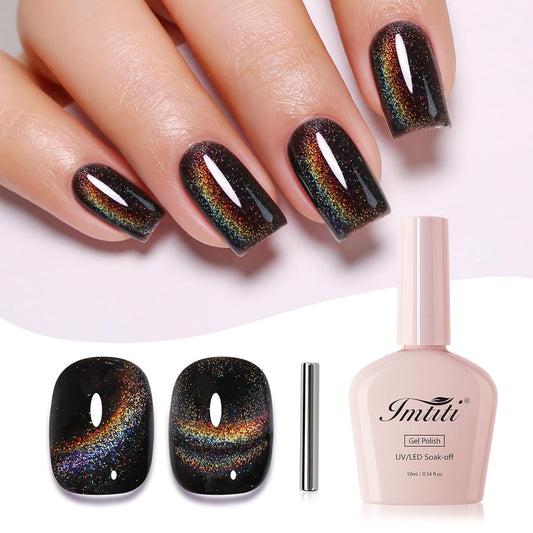 Imtiti Cat Eye Gel Nail Polish, Black Rainbow Holographic Magnetic Gel Polish With Magnet Glittery Iridescent Galaxy Nail Gel Polish Spring Summer Gel Polish Kit Soak Off UV Led 10ML-Velvo Beauty