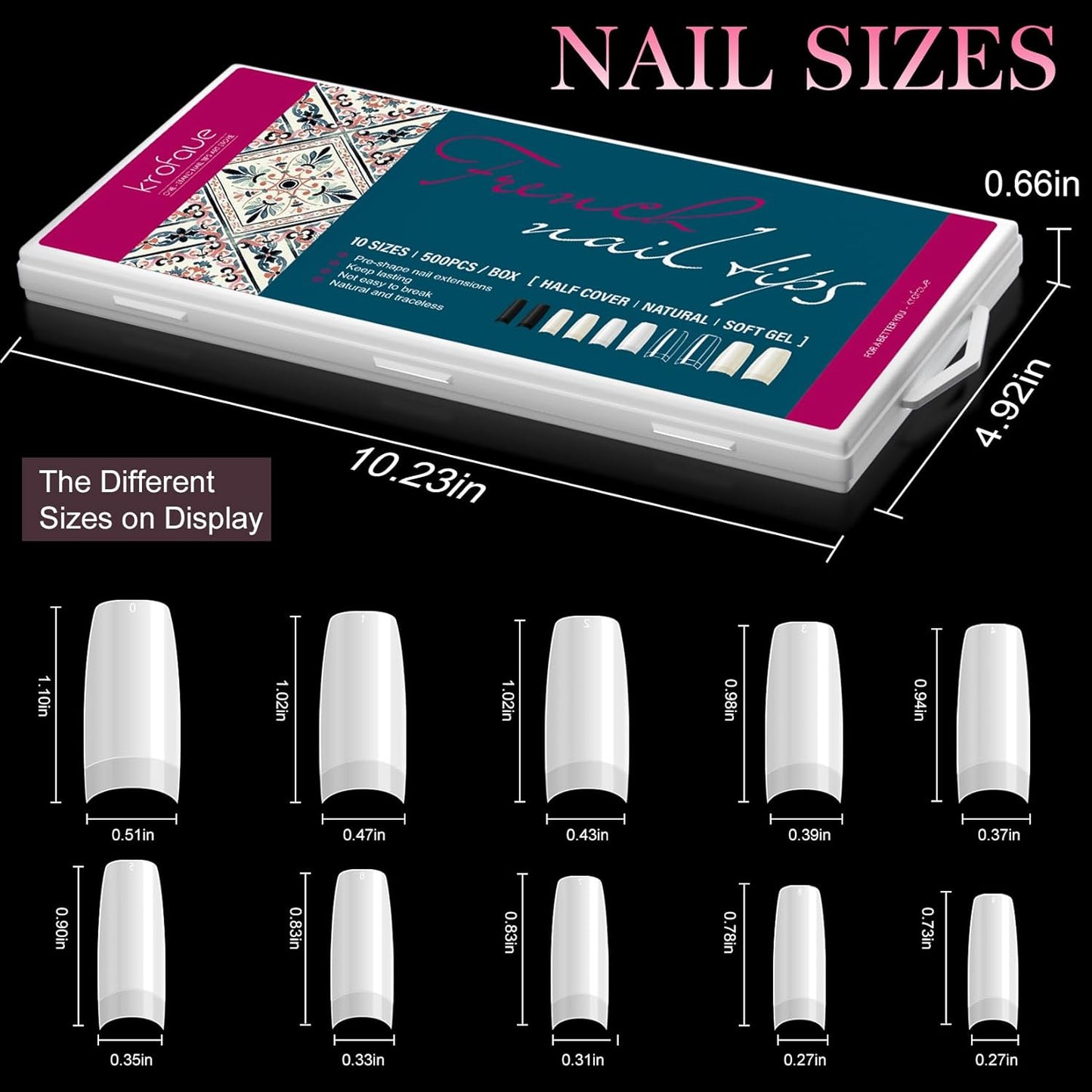 krofaue 500PCS False Nails Tips Lady French Style Acrylic Artificial Tip Manicure Half Cover with Box of 10 Sizes for Nail Tips Art Salons and Home DIY (White)-Velvo Beauty