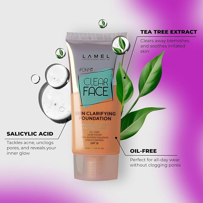 Lamel- Oh my Clear Face Foundation- SPF15-408 Golden | Contains tea tree extract and salicylic acid |Controls sebum production |Anti-blemish formula |SPF 15 |Oil free foundation | 40ml-Velvo Beauty