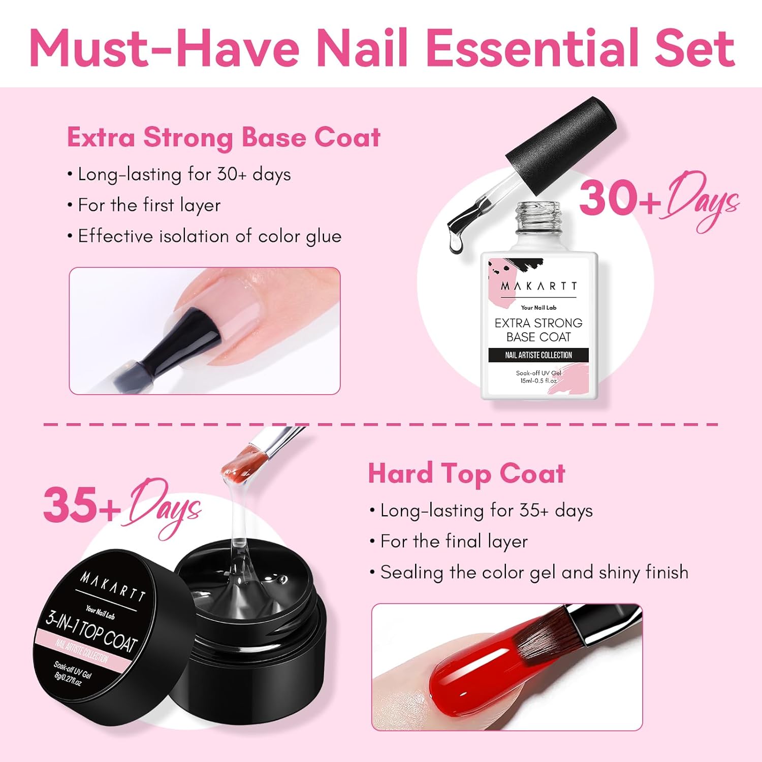 Makartt Gel Top and Base Coat Set: 2-Piece Gel Polish Kit with Nail Art Brush, 15ml Strong Base Gel and 8ml Glossy Hard Top Coat, Long-Lasting Formula for Salon Use, Requires UV/LED Lamp-Velvo Beauty