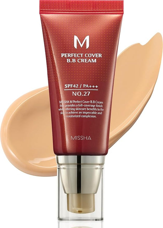 MISSHA M Perfect Cover BB Cream No.27 Honey Beige - Medium with Neutral/Warm Undertone SPF 42 PA +++ 1.69 Fl Oz - Tinted Moisturizer for face with SPF-Velvo Beauty