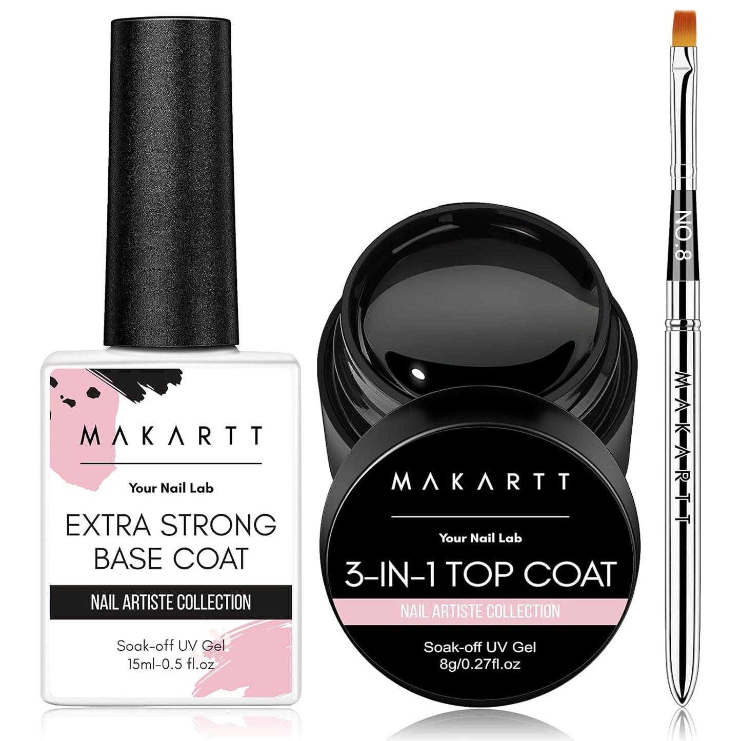 Makartt Gel Top and Base Coat Set: 2-Piece Gel Polish Kit with Nail Art Brush, 15ml Strong Base Gel and 8ml Glossy Hard Top Coat, Long-Lasting Formula for Salon Use, Requires UV/LED Lamp-Velvo Beauty