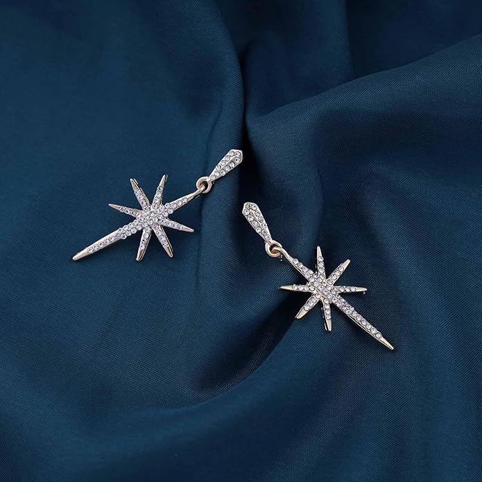 Vintage Crystal Northstar Dangle Earrings Rhinestone Northstar Studs Earrings Gold Cz Star Drop Earrings Sparkly Cz Starburst Earrings Jewelry for Women-Velvo Beauty