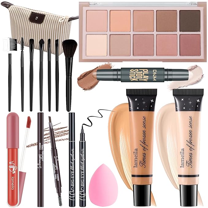 Makeup Kit For Girls Teens Women, Makeup Set, Makeup Present, Includes Eyeshadow Palette, Foundation, Eyebrow Pencil, Eyeliner, Lip Gloss, Counter Stick, Makeup Brush Set Bag & Sponge-Velvo Beauty