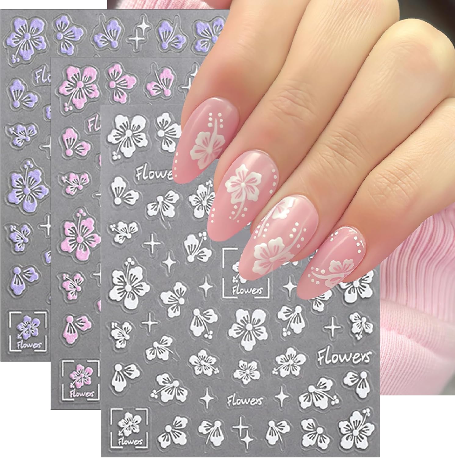 Flower Nail Stickers 5D Embossed Hollow Out Flower Nail Decals Pink Purple White Floral Designs Summer Cute Flowers Decals Pegatinas Uñas for Women DIY Manicure Decoration Accessories 3Sheets-Velvo Beauty