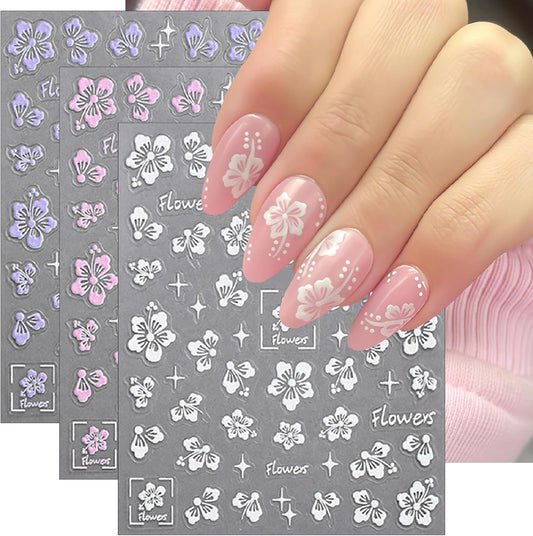 Flower Nail Stickers 5D Embossed Hollow Out Flower Nail Decals Pink Purple White Floral Designs Summer Cute Flowers Decals Pegatinas Uñas for Women DIY Manicure Decoration Accessories 3Sheets-Velvo Beauty