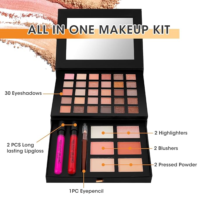 All in One Makeup Kit,Makeup Palette Includes 30 Color Eyeshadow, 2 Color Highlighter，2 Color Pressed Powder，2 Color Blusher，2 Pcs lip gloss，1 Pcs Eyepencil, Mirror,Makeup Gift Set for Women (017N)-Velvo Beauty