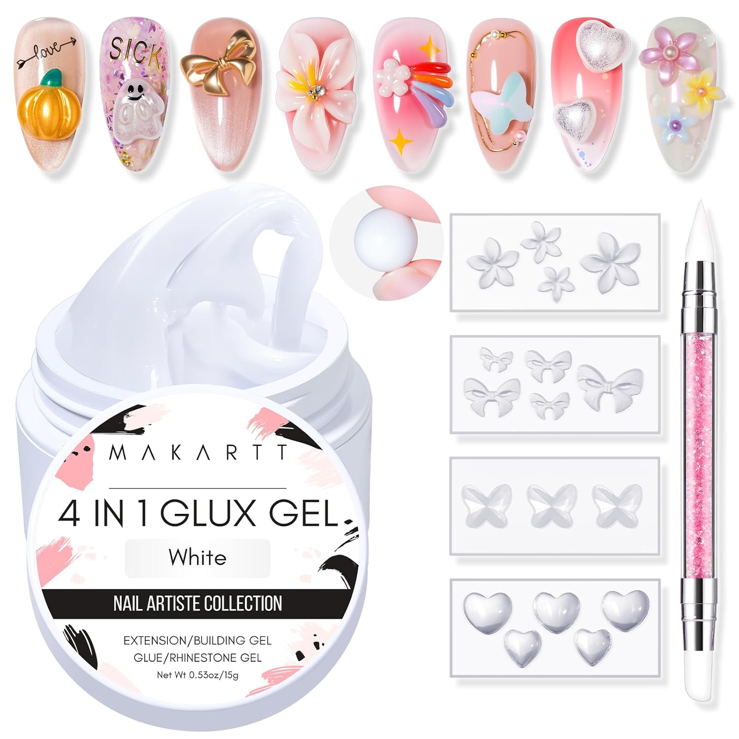 Makartt 3D Gel Nail Art: 4 in 1 White Solid Gel Builder Diy Kit for 15ML Nail Extension Gels, 4pcs Silicone Molds, 1 sculpture Brush, Nails Art Glue for Acrylic Nails Carving Manicure for Home Salon-Velvo Beauty