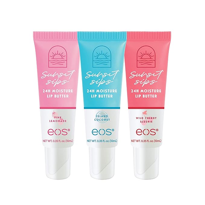 eos Sunset Sips Lip Butter Trio- Includes Pink Lemonade, Island Coconut & Wild Cherry Slushie Flavors, 24-Hour Moisture, Doubles as an Overnight Lip Mask, 3-Pack-Velvo Beauty