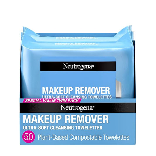 Neutrogena Makeup Remover Wipes, Ultra-Soft Cleansing Facial Towelettes for Waterproof Makeup, Alcohol-Free, Plant-Based, Twin Pack, 25 Count (Pack of 2)-Velvo Beauty