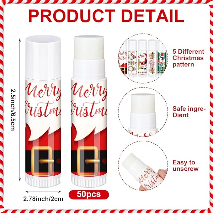 50 Pcs Pink Princess Lip Balm Bulk Pink Girl Lip Care Products Pink Girl Birthday Party Supplies Princess Party Gifts for Kids Women Bachelorette Party Bridal Baby Shower(Classic Christmas Styles)-Velvo Beauty