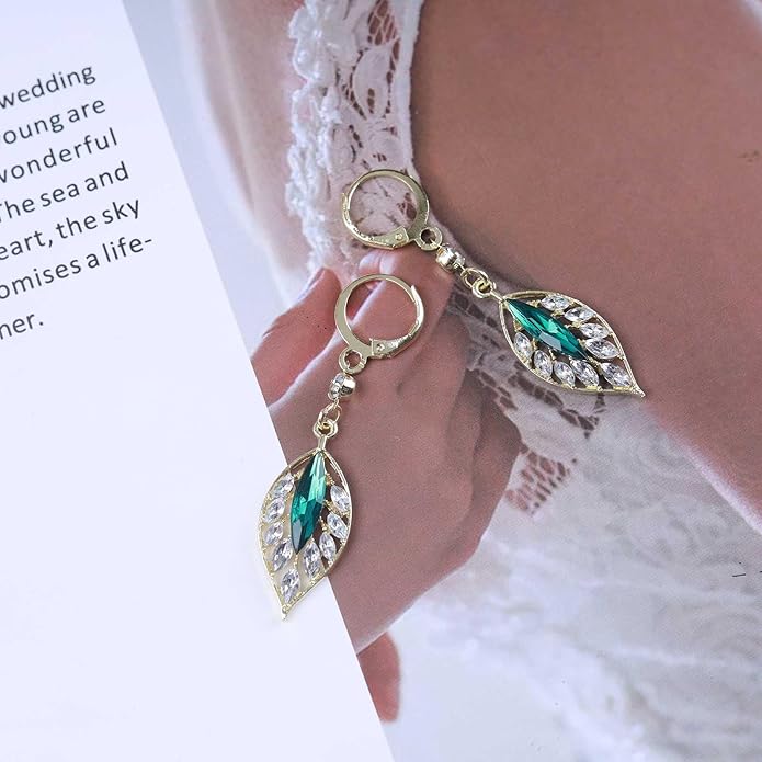 Vintage Emerald Leaf Earrings Rhinestone Leaf Drop Earrings Green Emerald Dangle Earrings Gold Crystal Leaf Hoop Earrings Jewelry for Women-Velvo Beauty