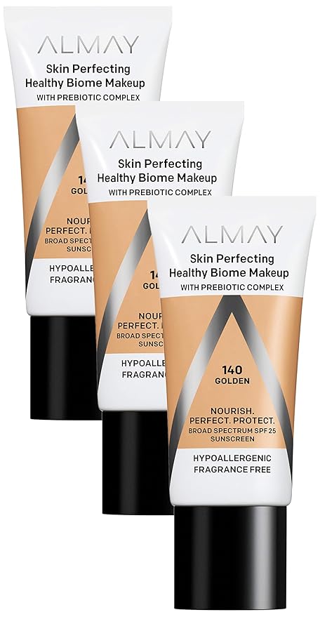 Almay Skin Perfecting Healthy Biome Foundation Makeup with Prebiotic Complex SPF 25, Hypoallergenic, Fragrance Free, 140 Golden, 1 fl. oz. (Pack of 3)-Velvo Beauty