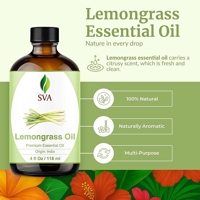 SVA Lemongrass Essential Oil – 4 Fl Oz – 100% Natural Lemongrass Oil - for Diffuser, Hair Care, Face, Skin Care, Aromatherapy, Scalp and Body Massage, Soap and Candle Making - with Dropper-Velvo Beauty
