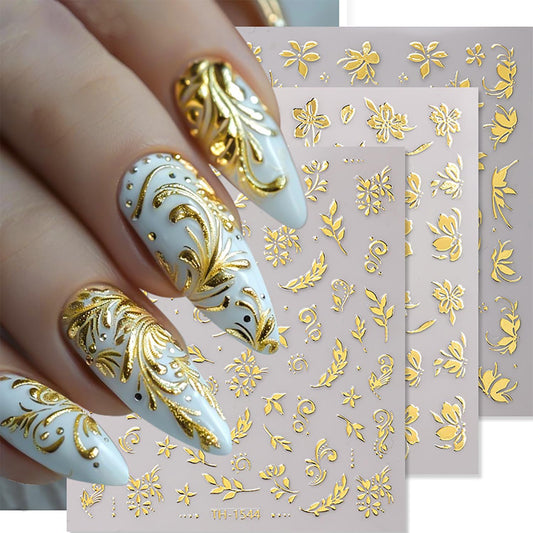 6 Sheets Gold Nail Art Stickers 3D Self -Adhesive Golden Flowers Leaves Nail Decals Holographic Hot Stamping Floral Nail Stickers Summer Blossom Nail Decoration for Women DIY Manicure Supplies-Velvo Beauty