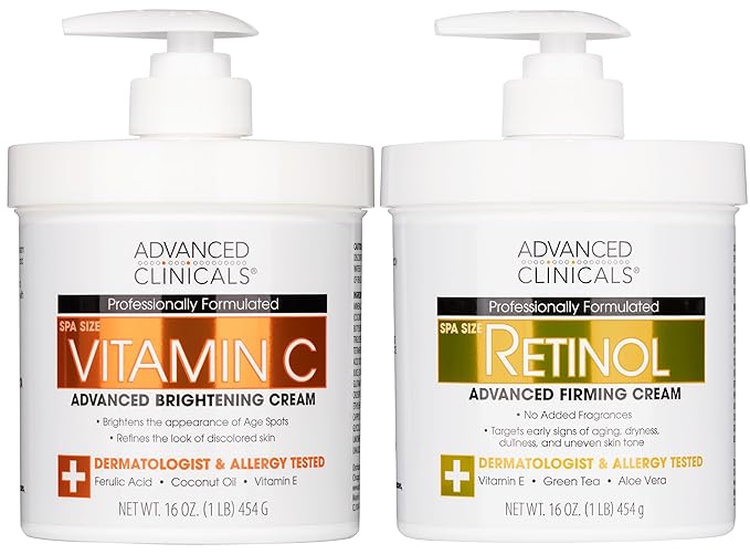 Advanced Clinicals Retinol Body Lotion + Brightening Vitamin C Cream 2pc Skin Care Set | Skin Tightening Body Moisturizer & Face Lotion | Crepey Skin Care Treatment | Skin Care Products, 2pc Set-Velvo Beauty