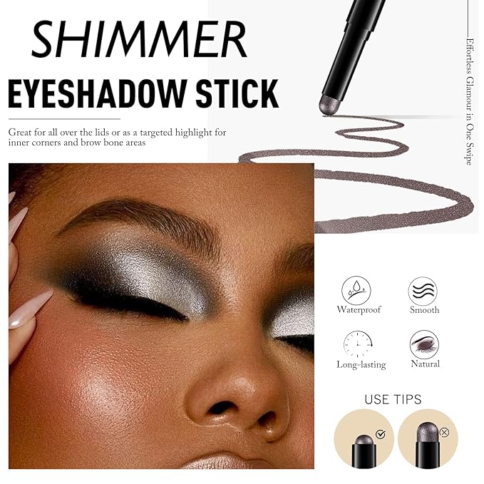 Dark Taupe Shimmer Eyeshadow Stick, Waterproof Cream Eye Shadow Pencil Long-Lasting Crease-Proof Glitter Eyeshadow Crayon Smooth High Pigmented Highlighter Neutral Eye Shadow Liner Makeup-Velvo Beauty