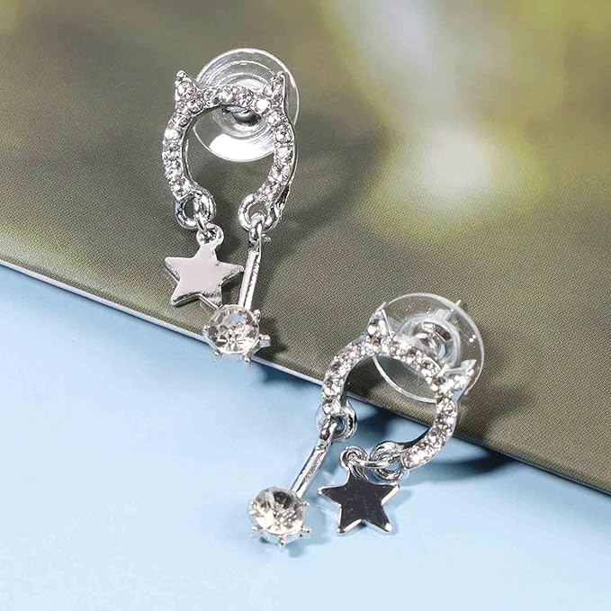 Crystal Cat Studs Earrings Silver Crystal Star Dangle Earrings Boho Rhinestone Drop Earrings Natural Inspired Animal Earrings Jewelry for Women and Girls Cat Lover Gifts-Velvo Beauty
