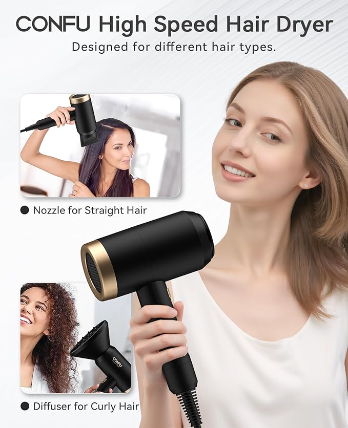 Hair Dryer, CONFU Blow Dryer with Diffuser, 21000PRM Professional Hairdryer, Portable Lightweight Fast Drying Negative Ionic Blow Dryer, Hair Diffuser for Curly Hair for Home Travel-Velvo Beauty