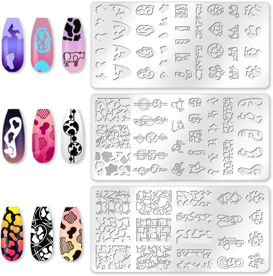 3Pcs Cute Cow Nail Stamping Plate Set Graffiti Spots Animal Heart ShapedStainless Steel Nail Templates Clear Silicone Nails Stamping with Stamper Scraper for Manicure Printing-Velvo Beauty