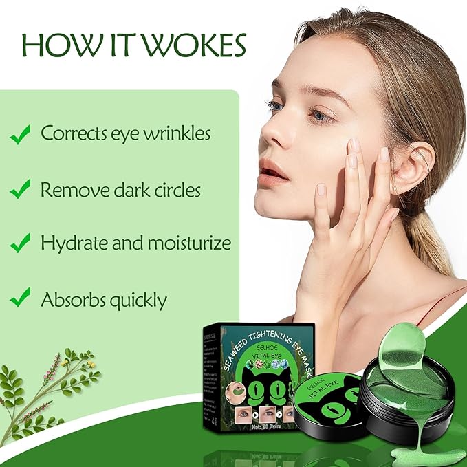 Eye Mask-Seaweed Under Eye Patches with Collagen &Sodium Hyaluronate, Pure Natural Extracts For Wrinkles, Puffy Eyes & Dark Circles, for Youthful Appearance & Reduction of Fine Lines (60 Pcs)-Velvo Beauty