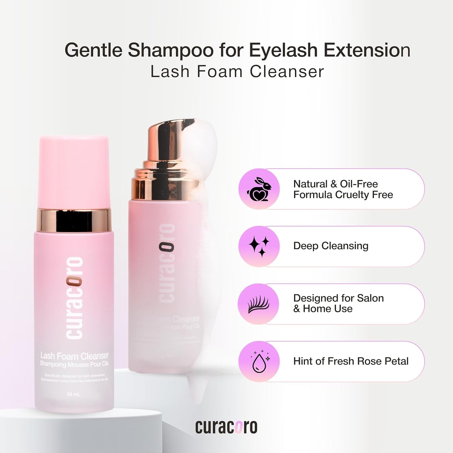 CURACORO 60ML Eyelash Extension Cleanser (Rose Scented) - Lash Shampoo for Lash Extensions, Eyelash Extension Foam Cleanser for Sensitive Skin, Removes Waterproof Makeup for Professional & Home Use-Velvo Beauty