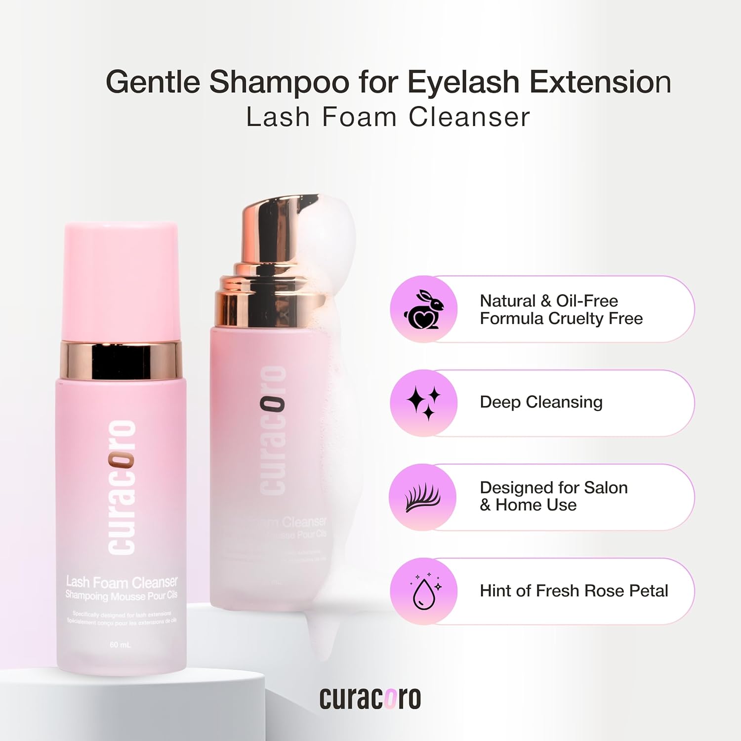 CURACORO 60ML Eyelash Extension Cleanser (Rose Scented) - Lash Shampoo for Lash Extensions, Eyelash Extension Foam Cleanser for Sensitive Skin, Removes Waterproof Makeup for Professional & Home Use-Velvo Beauty