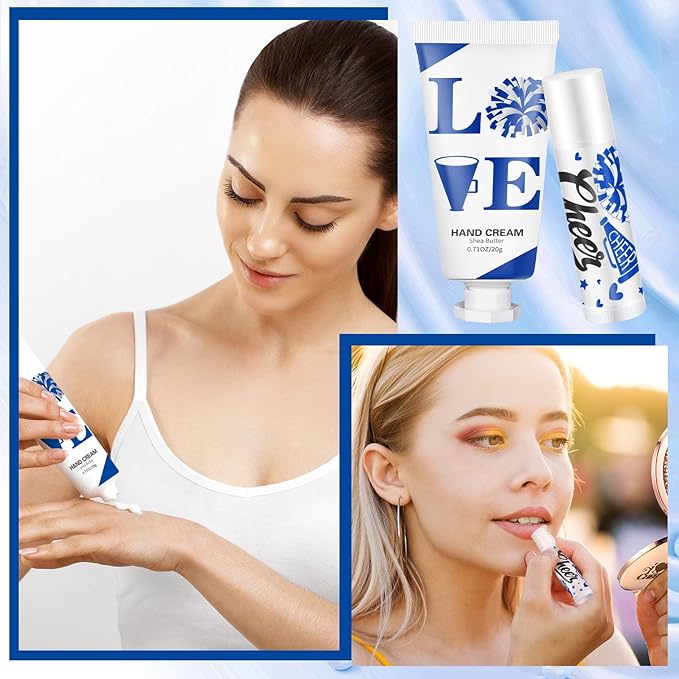 144 Pcs Blue Cheer Favors Natural Bulk Lip Balm and Hand Cream Set, Include 36 Lip Balm 36 Moisturizing Hand Cream 36 Bags 36 Card and Rope cheer accessories for Team Sports Party Supplies-Velvo Beauty