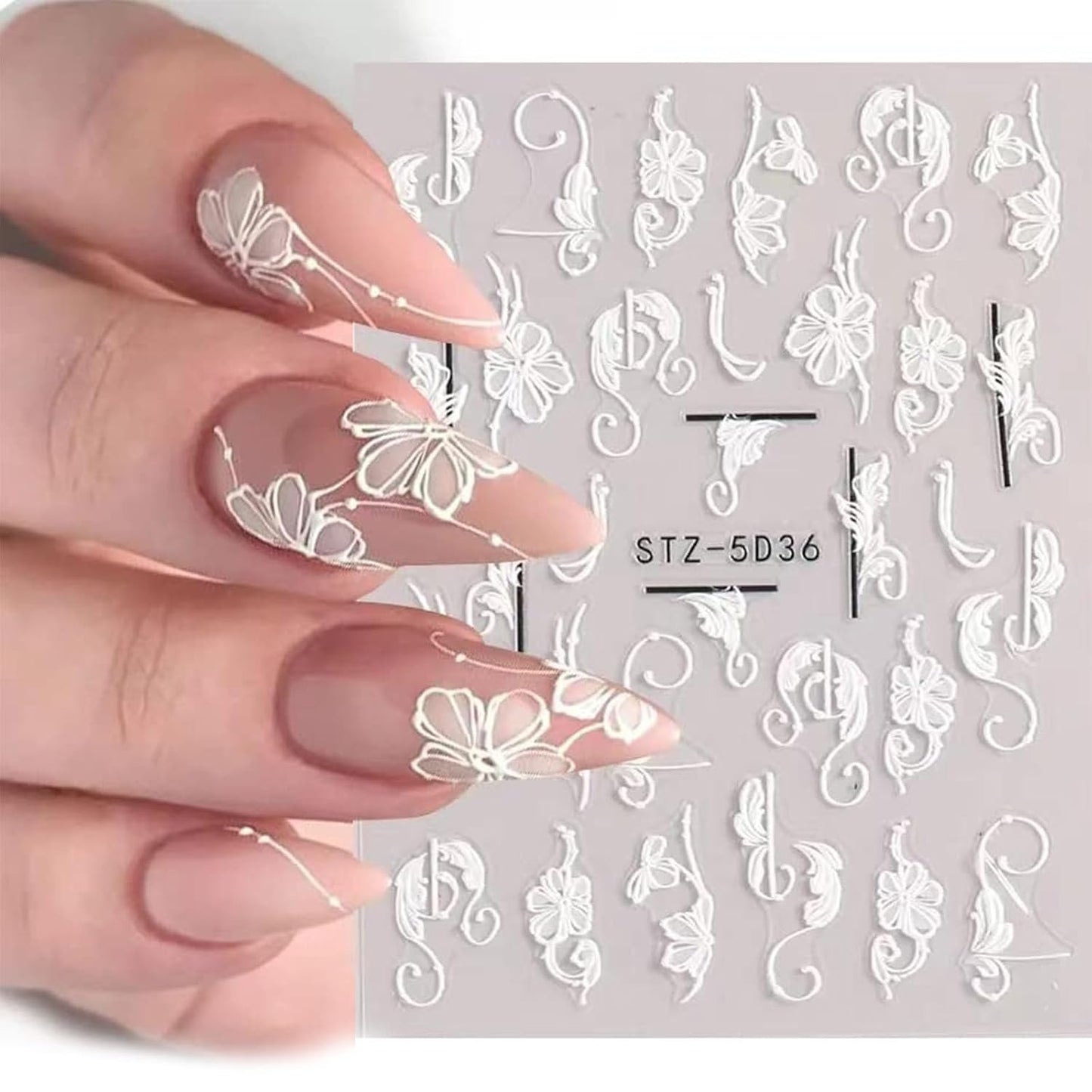 Flower Nail Stickers for Nail Art 5D Embossed Engraved Nails Decals 3D Spring Summer Accessories White Blue Self-Adhesive Nails DIY Design Decoration for Women Girls（6 Sheets-Velvo Beauty