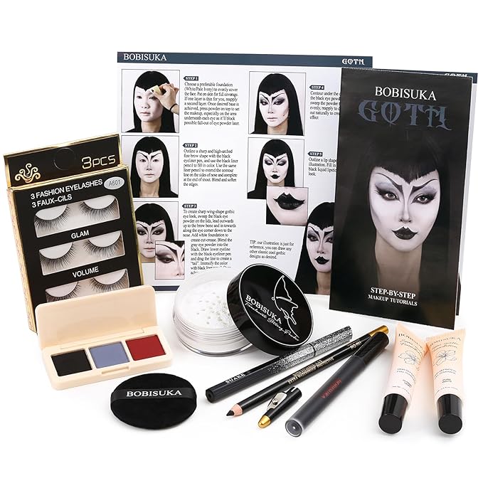 Halloween Goth Makeup, Complete Goth Make Up Set with White Foundation, Black Lipstick, Dark Smokey Eyeshadow Kit for SFX Gothic Makeup, Cosplay, Costume Party, Theater and Film-Velvo Beauty
