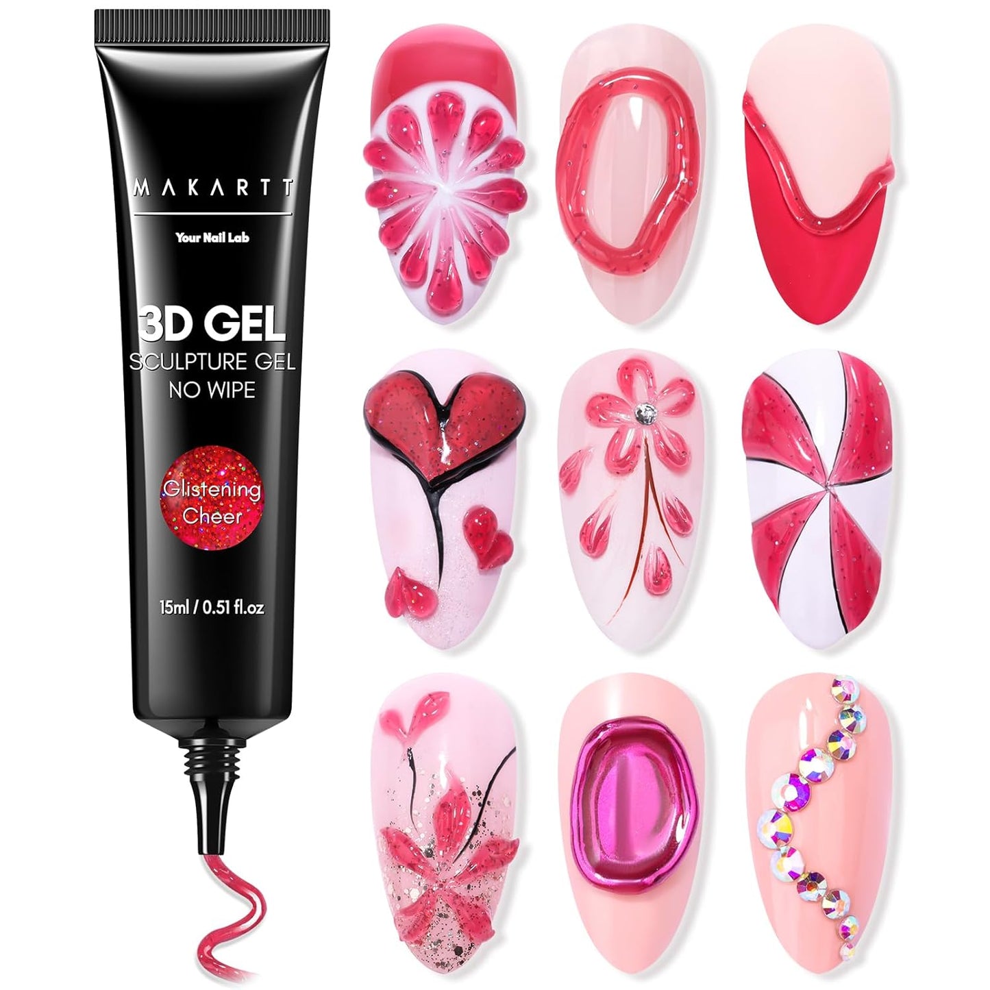 Makartt 3D Gel Nail Art: 3D Sculpting Gel for Nail Art Design 15ml 3 in 1 No Wipe Gel Polish for Drawing Carving Nails Gel, Molding Embossed Gels for Nail Decoration DIY Manicure - Glistening Cheer-Velvo Beauty