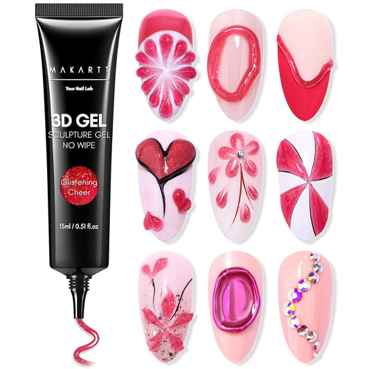 Makartt 3D Gel Nail Art: 3D Sculpting Gel for Nail Art Design 15ml 3 in 1 No Wipe Gel Polish for Drawing Carving Nails Gel, Molding Embossed Gels for Nail Decoration DIY Manicure - Glistening Cheer-Velvo Beauty