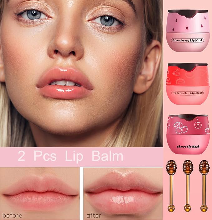 3PCS Bee Lip Balm Honey Pot, Exfoliating Strawberry Cherry Watermelon Bee Lip Balm Sleeping Lip Mask Overnight with Sticks, Honey Pot Lip Balm Prevention Dry Hydrating and Crack Lip Scrubs-Velvo Beauty