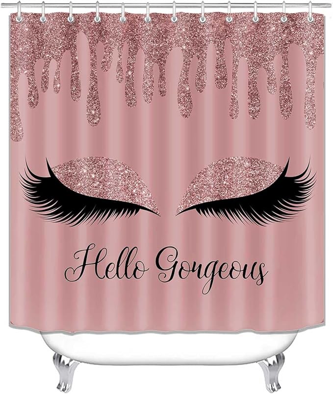 4PCS Rose Gold Glitter Hello Gorgeous Shower Curtain Set, Bling Unicorn Eyelash Makeup Glam Fashion Girly Teenage Girls Women Pink Bathroom Decor, Fabric Shower Curtain, Bath Mat Toilet Rug-Velvo Beauty